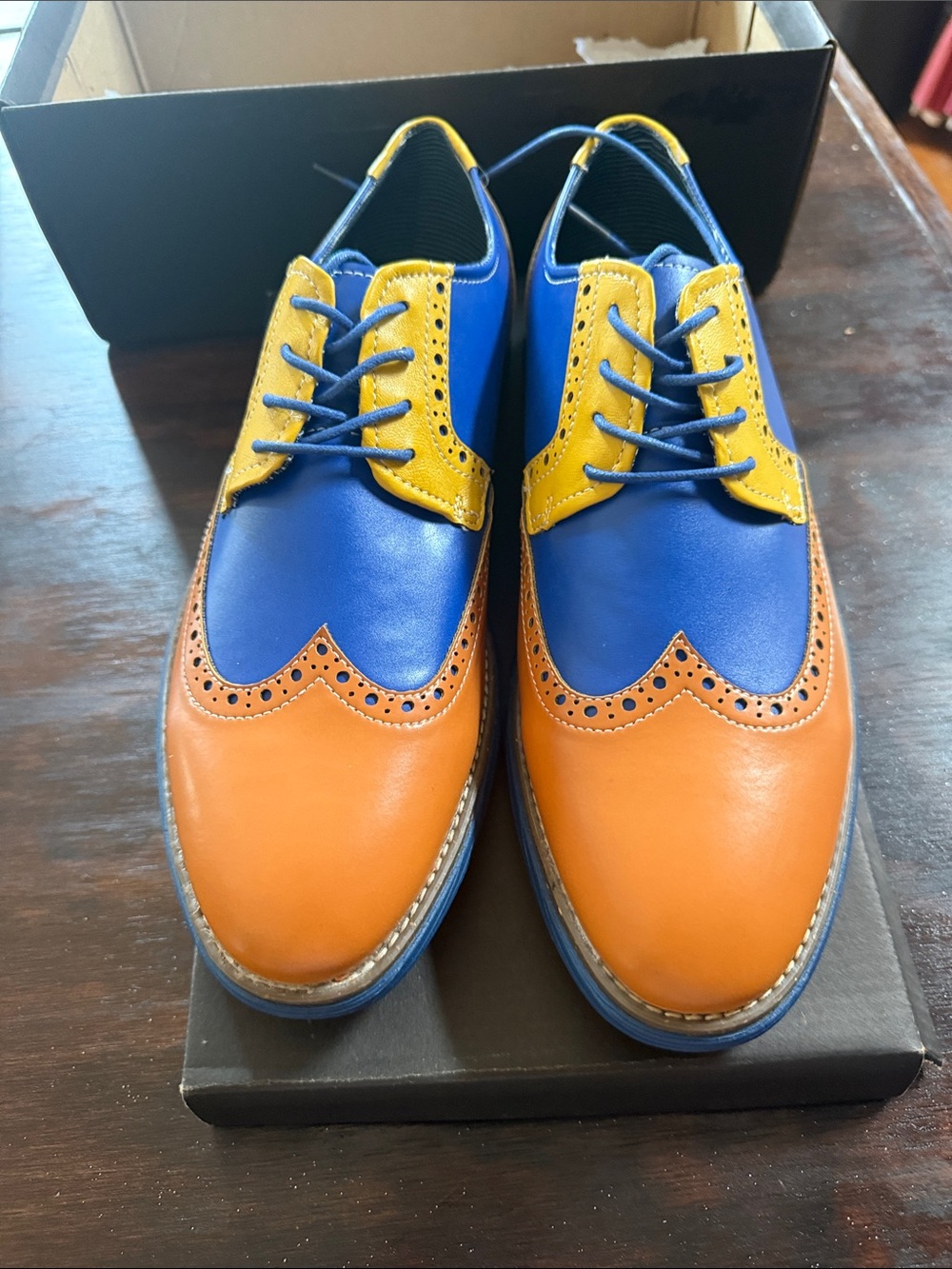 Tri-Tone Men’s Brogue Derby Shoes in Blue, Orange & Yellow